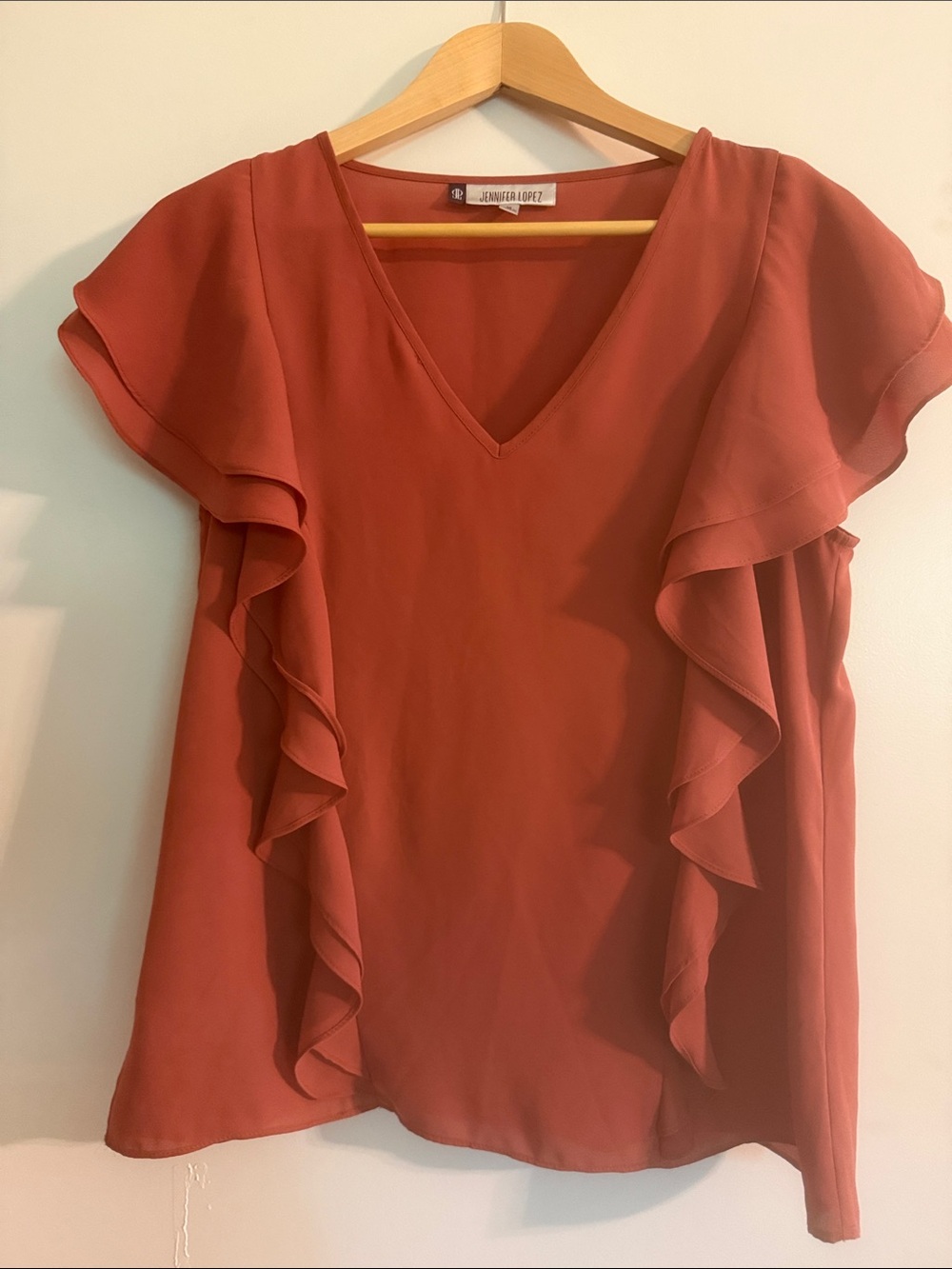Jennifer Lopez Rusty Orange Ruffle V-Neck Blouse